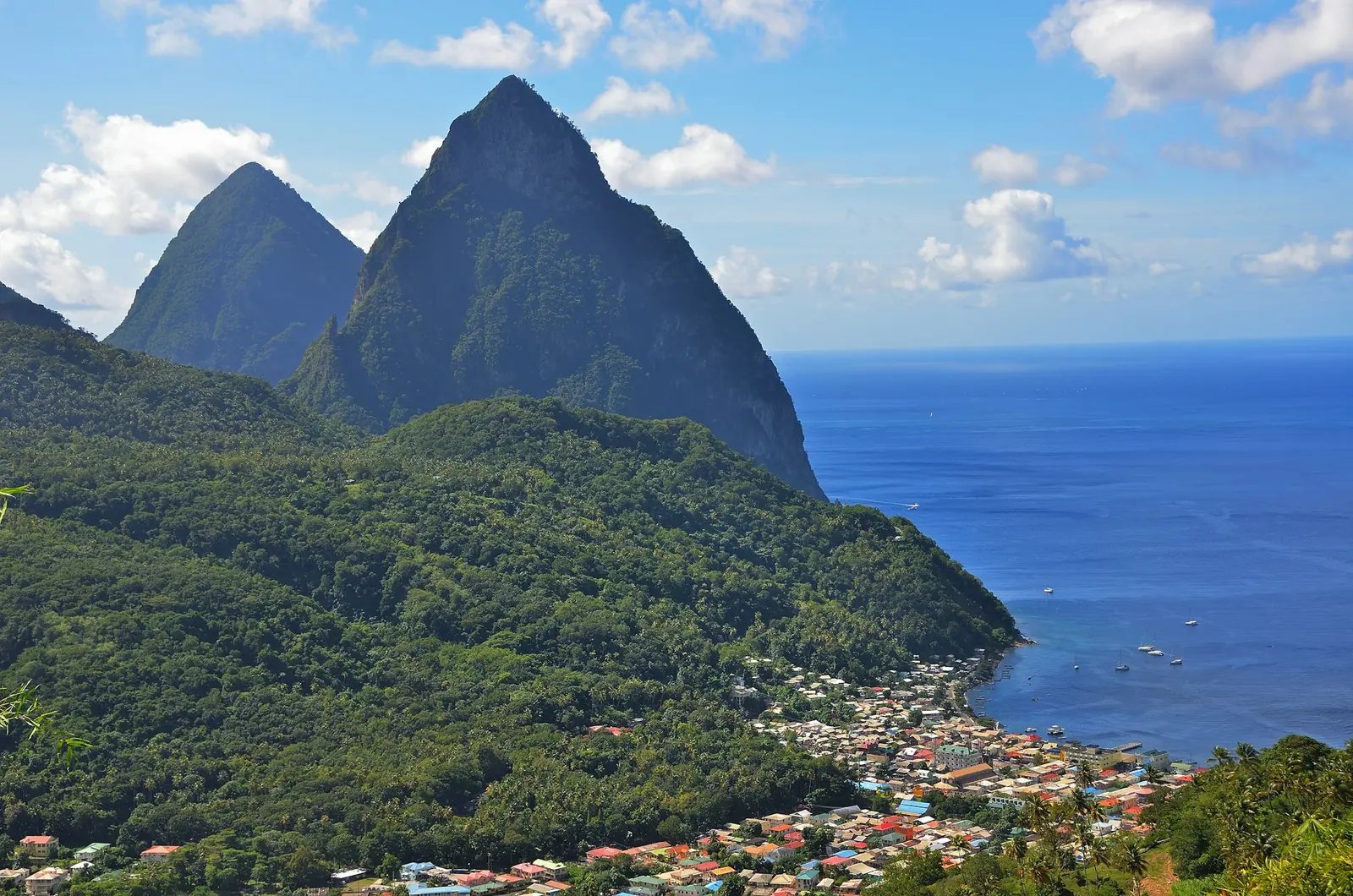 The Pitons rising above the coast of Saint Lucia